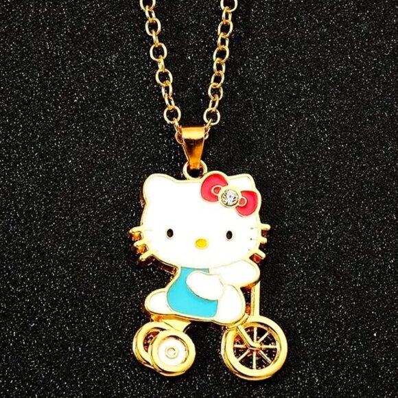 Hello Kitty Necklace Bicycle Bike Pendant Gold Sanrio Goth Emo Scene Rave Enamel - Picture 2 of 3